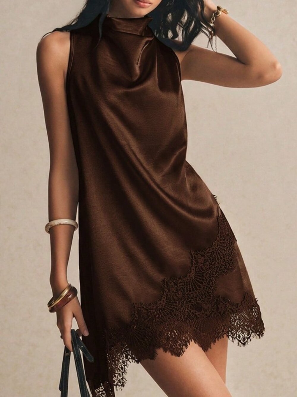 Coffee Brown Casual Women's Contrast Lace Asymmetric Hem Sleeveless Blouse